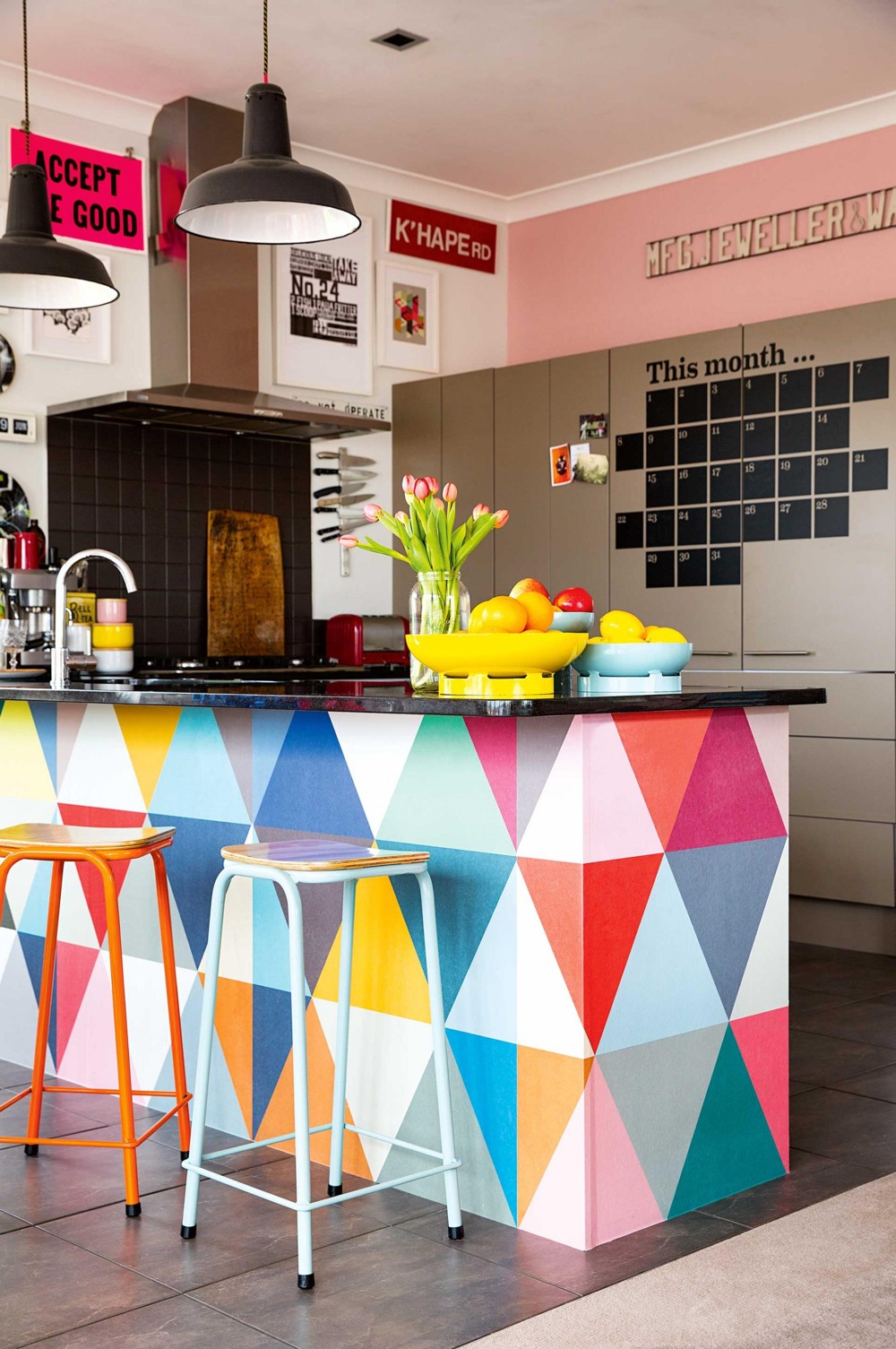 Colorful Kitchen Wall Paper Pints Island