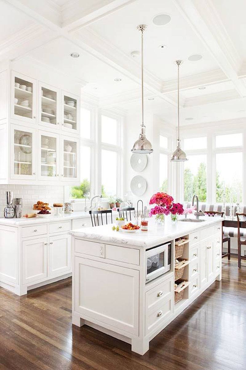 White French Country Kitchen with Marble Island