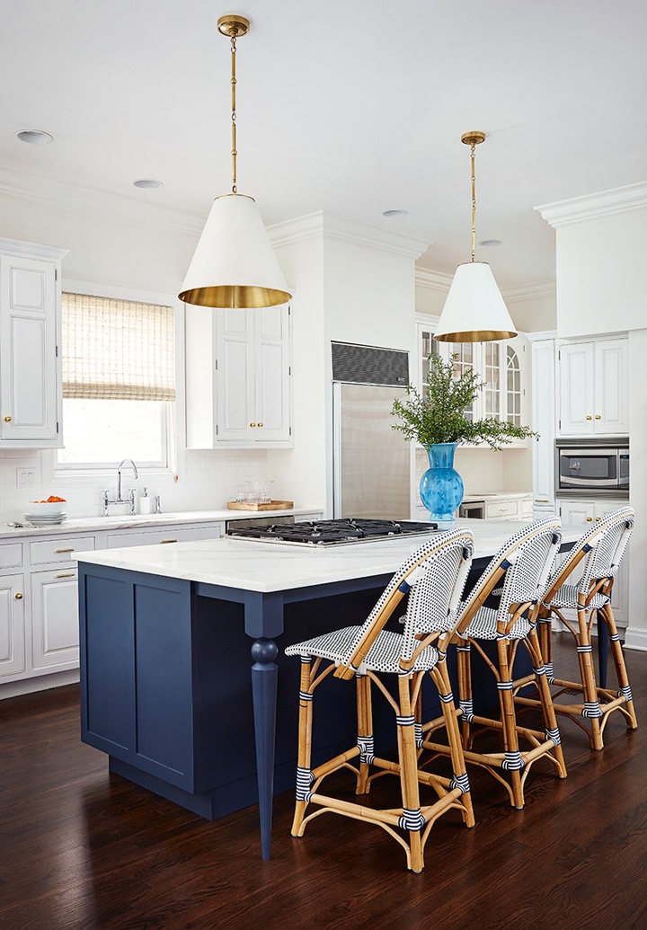 White Kitchen with Navy Blue Island and Bistro Stools