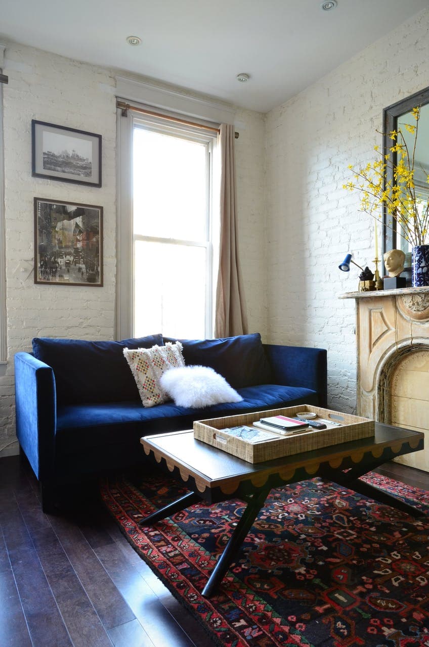 Blue Velvet Sofa in a Small Living Room