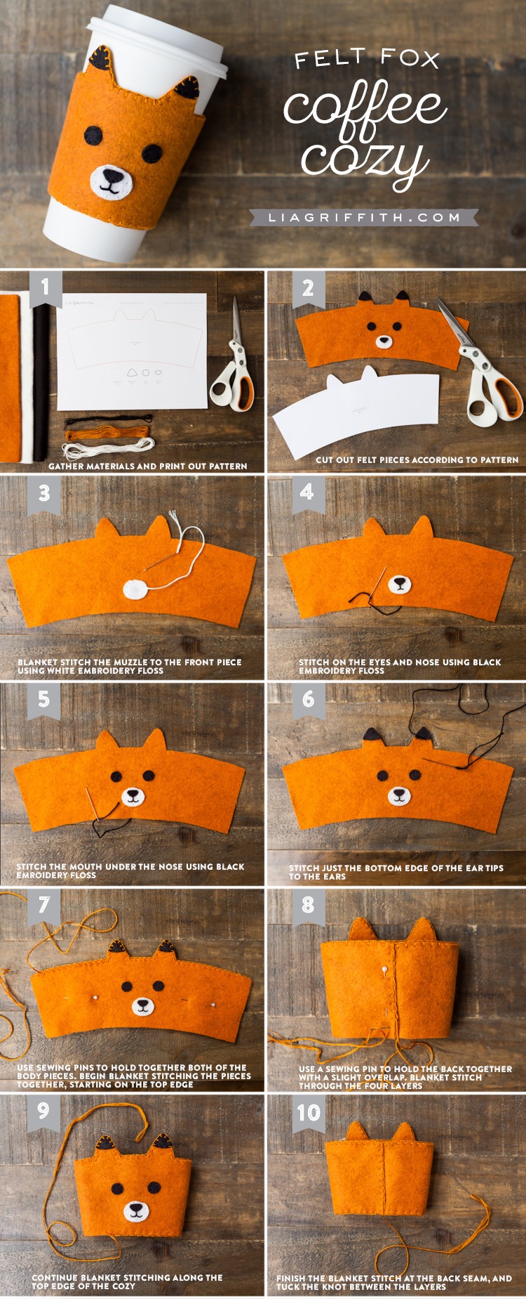 Hand-Stitched Felt Fox Coffee Sleeves