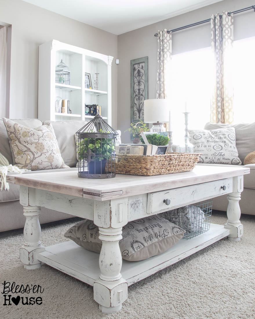 chippy white lime finished coffee table with plenty of modern farmhouse charm