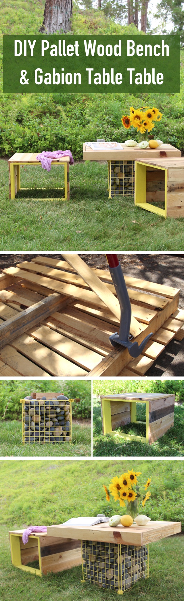 DIY Pallet Wood Bench Gabion Table