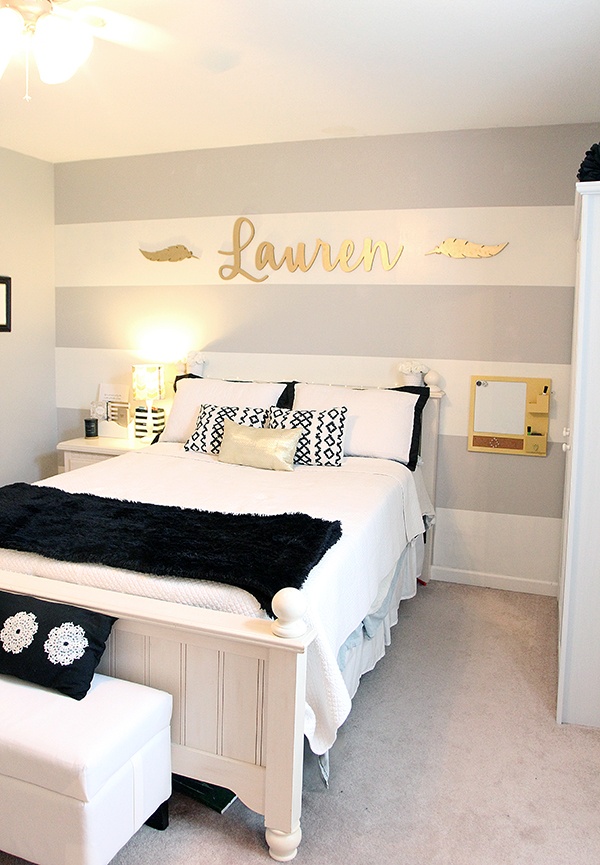 Teen Girl’s Room - Gray Striped Walls, Black and White Bedding