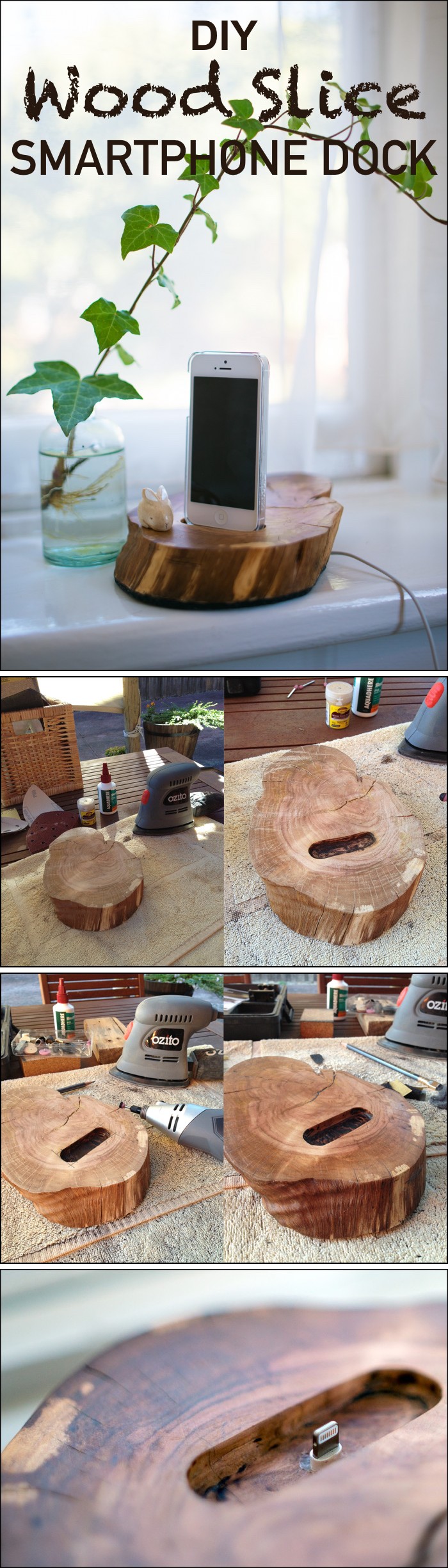 DIY Wood Slice Smartphone Dock