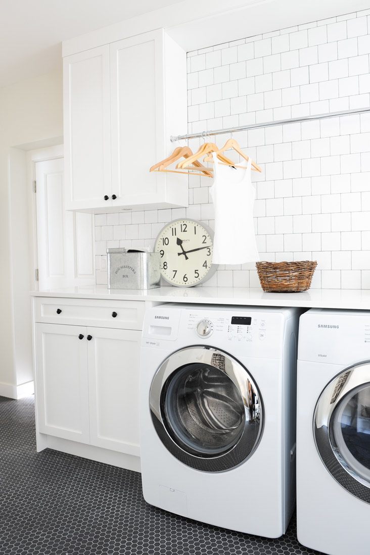 Modern Laundry Room with White Subway Tiles