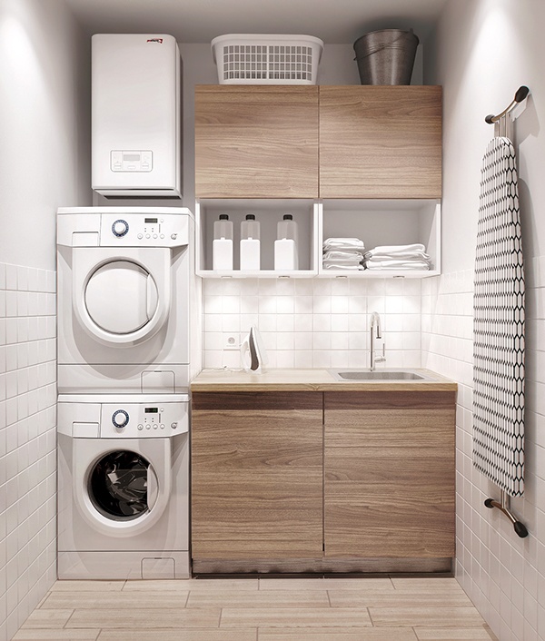 Modern Laundry Room with Wood Accents