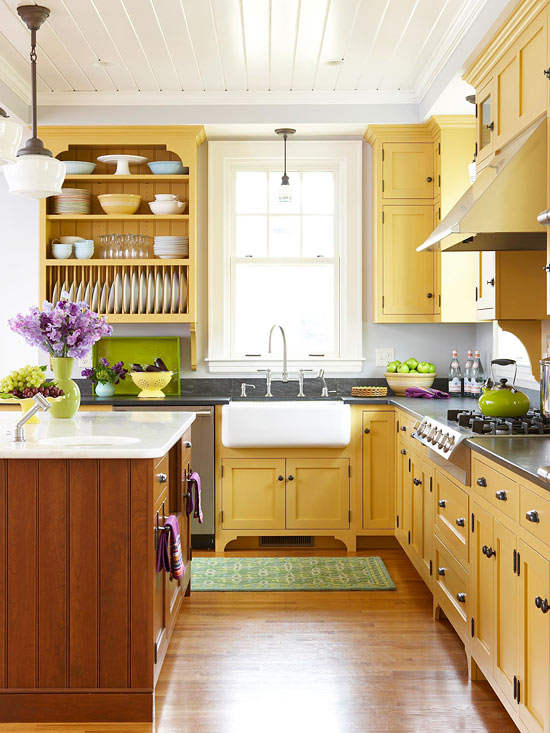 Yellow Kitchen Cabinets and Warm Wood Floor