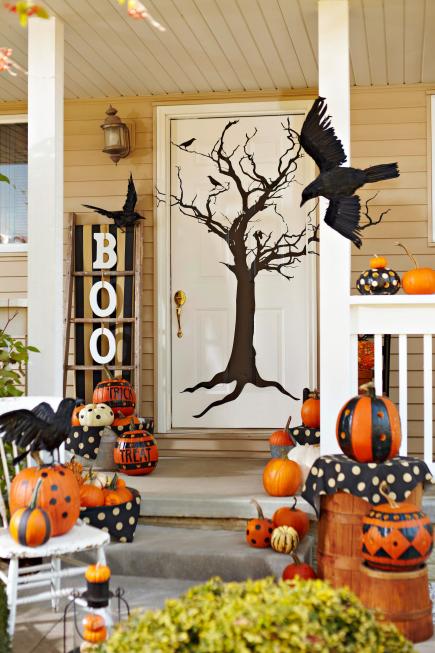 Spooky Halloween Tree Door Decor with Pumpkins
