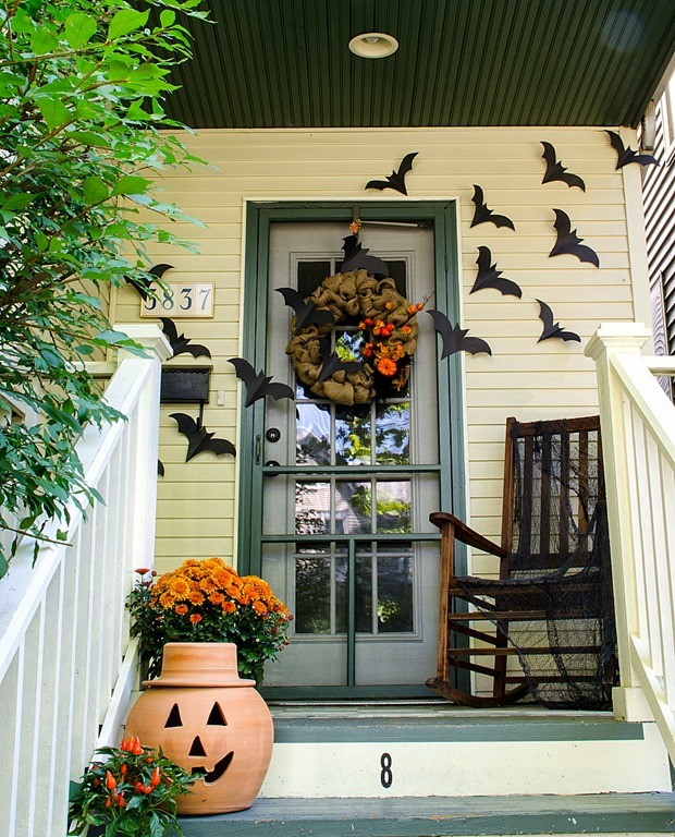 Halloween Porch Decor with Flying Bats