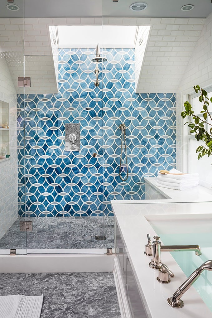 Blue Patterned Mosaic Shower Tiles
