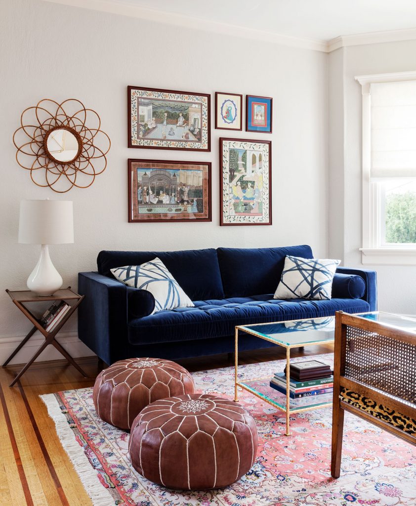 Blue Velvet Sofa, Leopard Settee and Mostly Pink Rug