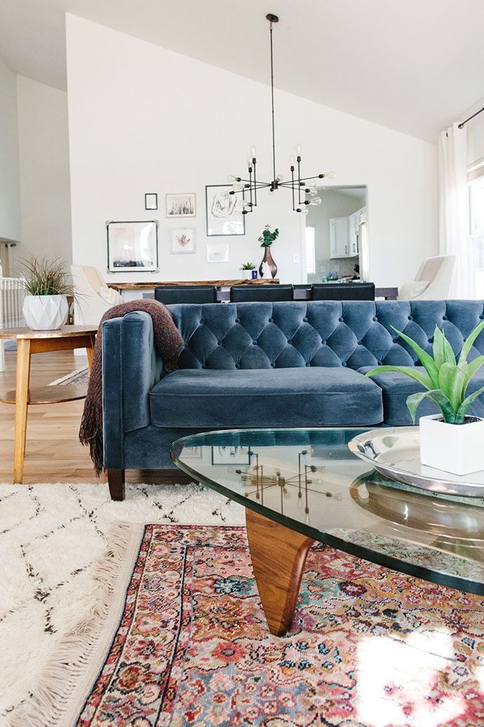 Blue Velvet Sofa & Rugs