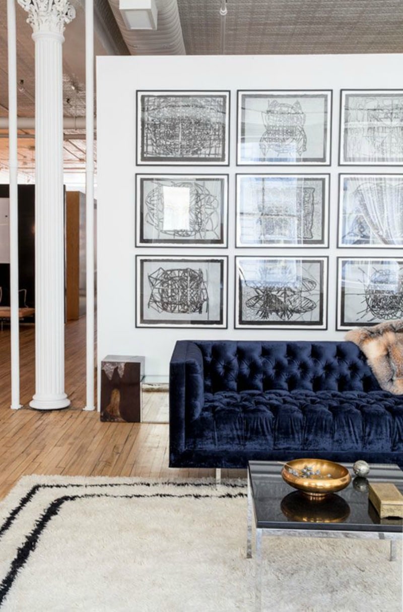 Blue Velvet Sofa in Glamorous Living Room