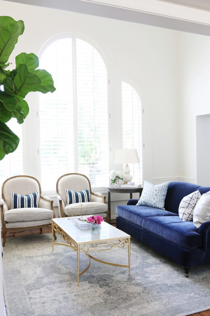 Bold Navy Velvet Sofa and Mixy-Matchy Pillows