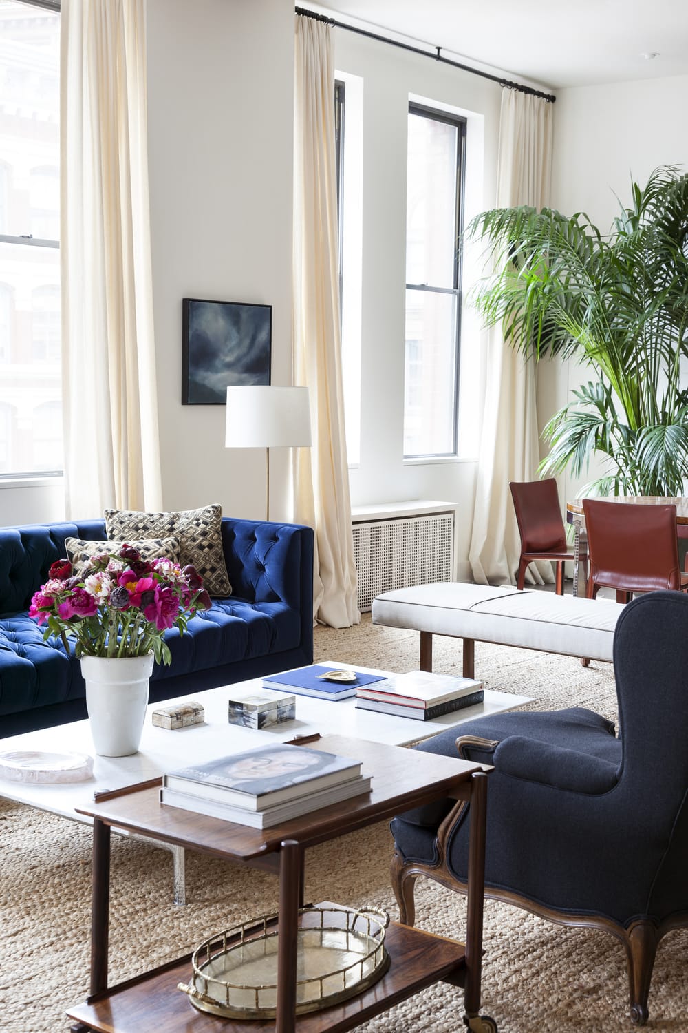 Eclectic Style Living Room with Blue Velvet Sofa