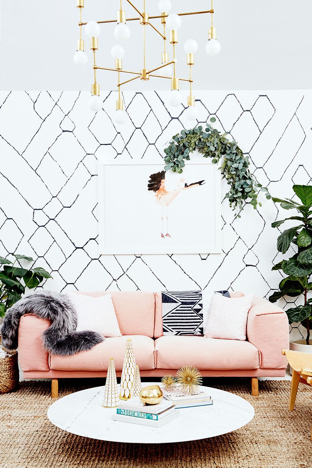 Metallic Accents, Cozy Throws and Pink Sofa