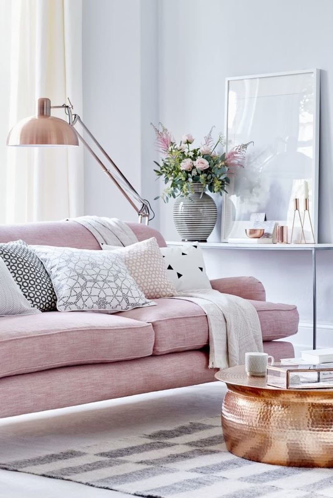 Pink Sofa & Copper Living Room