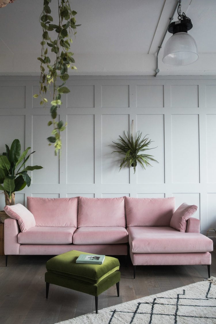 Pink Velvet Sofa and Panelled Wall