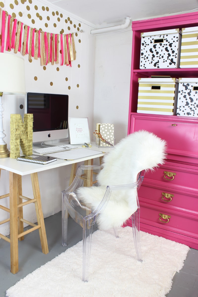 Pink and Gold Gorgeous Office Nook with Ghost Chair