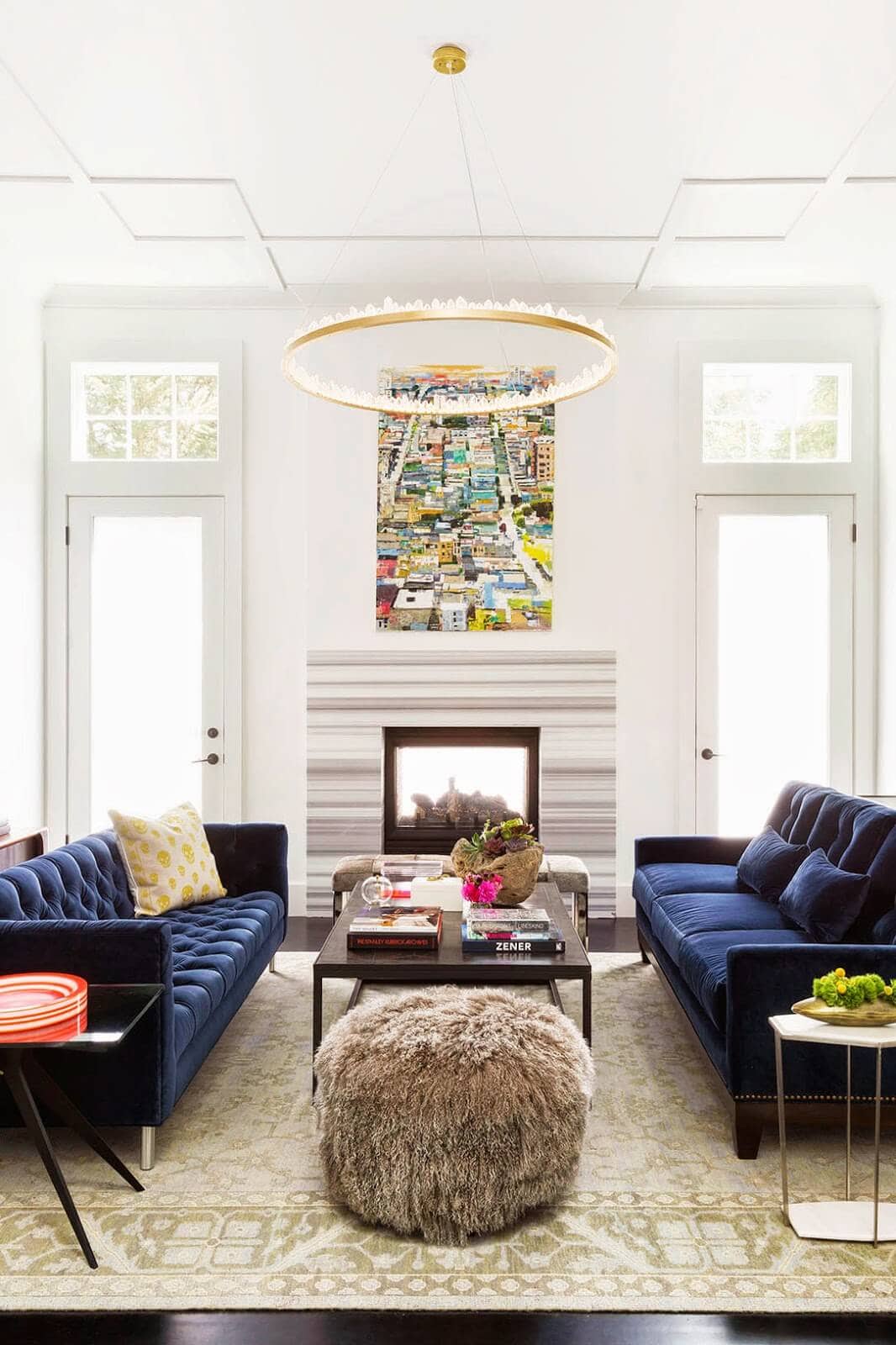 White Living Room With Velvet Blue Sofas