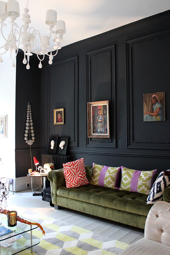 Eclectic Living Room with Black Accent Wall