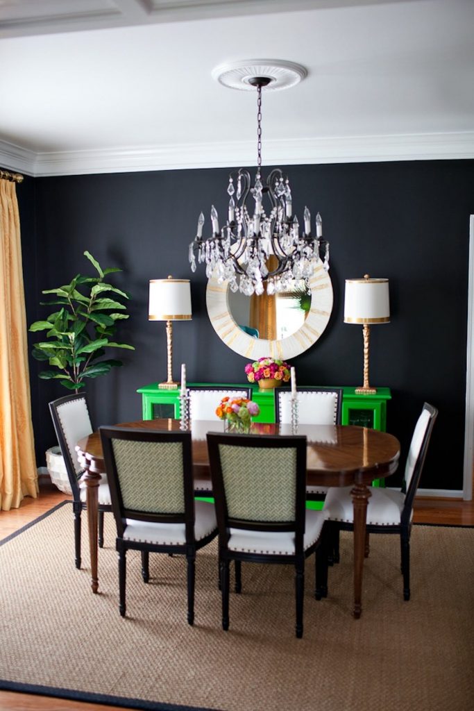 Green Console in a Black Dinning Room