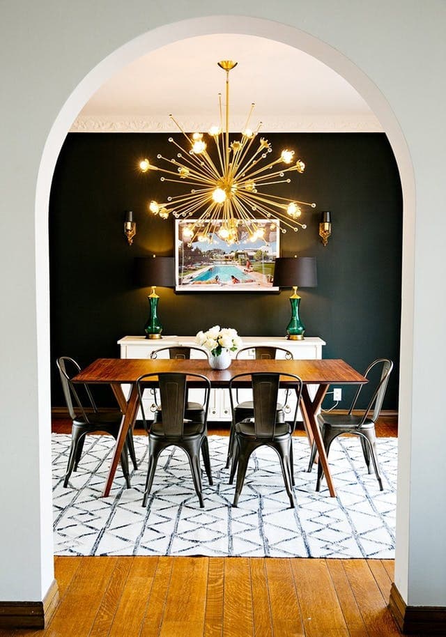 Mid Century Modern Dining Room with Black Wall
