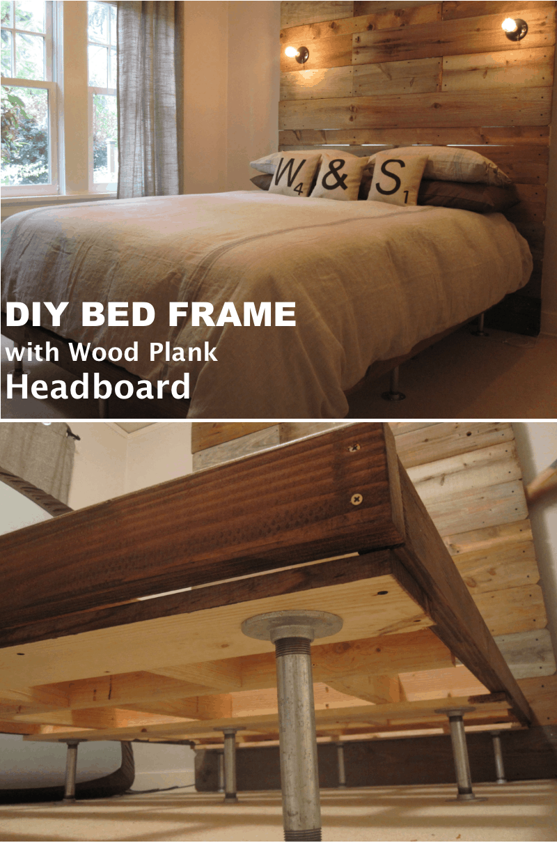 DIY Bed Frame with Wood Plank Headboard