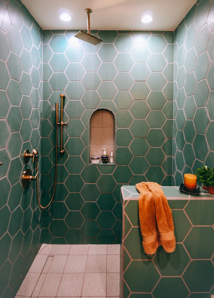 Green Hexagon Tiles With Copper Grout