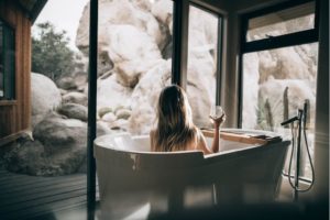 A woman taking bath.