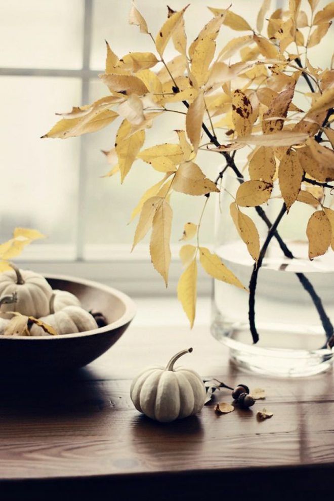 Simple Fall Decor with White Pumpkins and Leaves